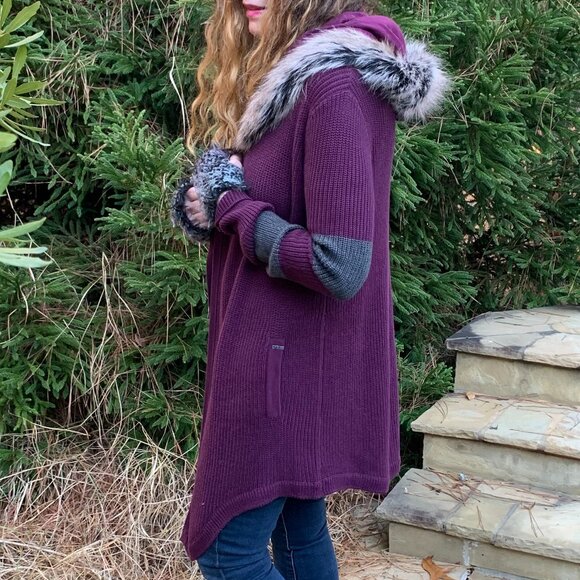 Fox Head Faux Fur Lined Hooded Cardigan Sz S - Picture 7 of 15